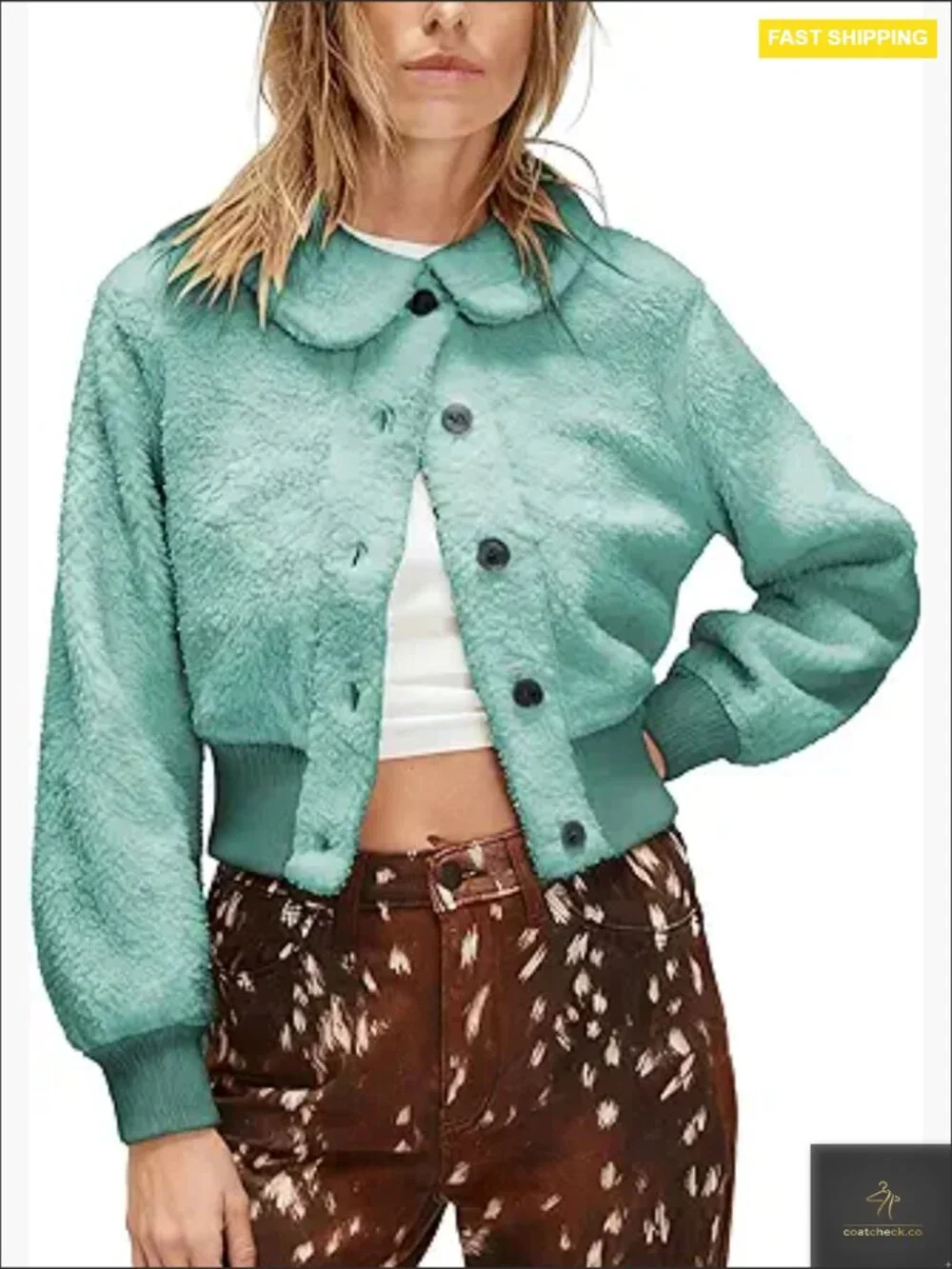 Womens Fleece Jacket Button Up Short Coat Fluffy Winter Outerwear with Pockets